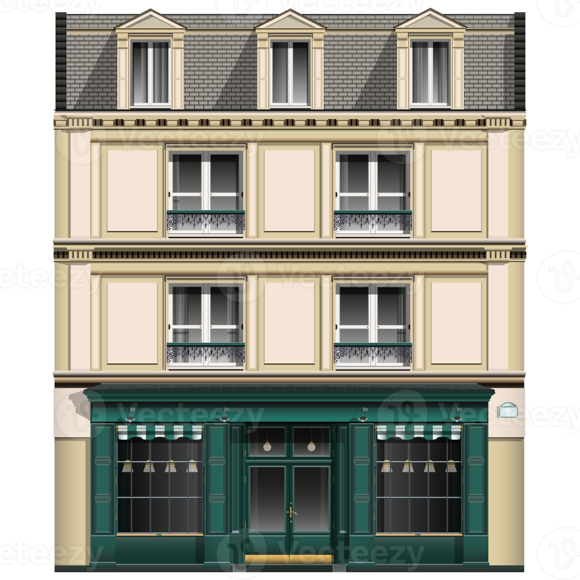 European oldfashioned brick building in realistic style. Facade front view of oldfashioned house