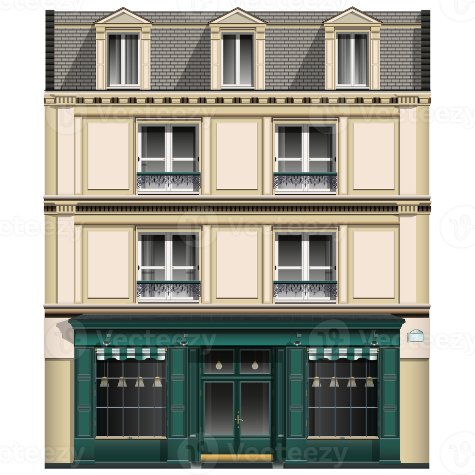 European oldfashioned brick building in realistic style. Facade front view of oldfashioned house. Traditional architecture. Colorful PNG illustration.
