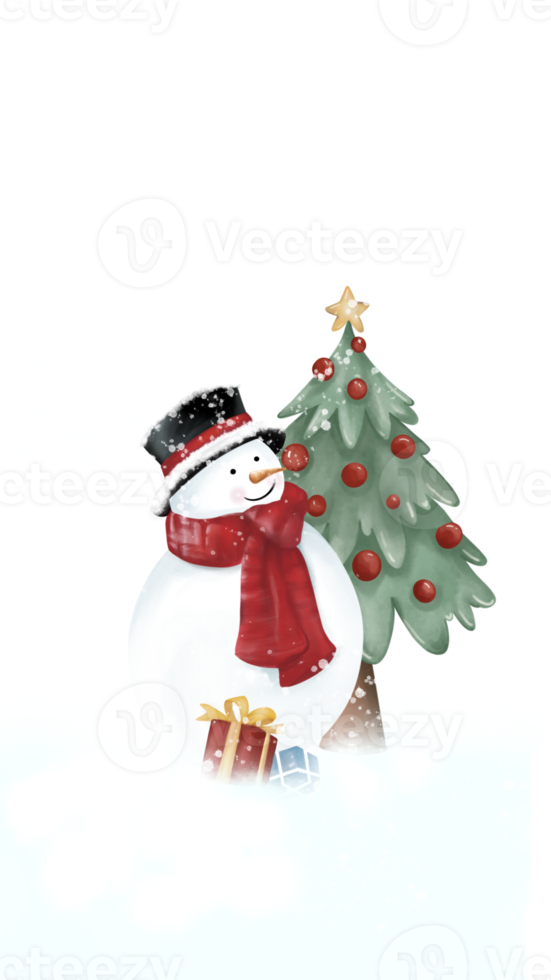 Free lindo muñeco de nieve con sombrero negro y traje de bufanda roja está  de pie con árbol de navidad, luces rojas de navidad y cajas de regalo en la  nieve. nieve