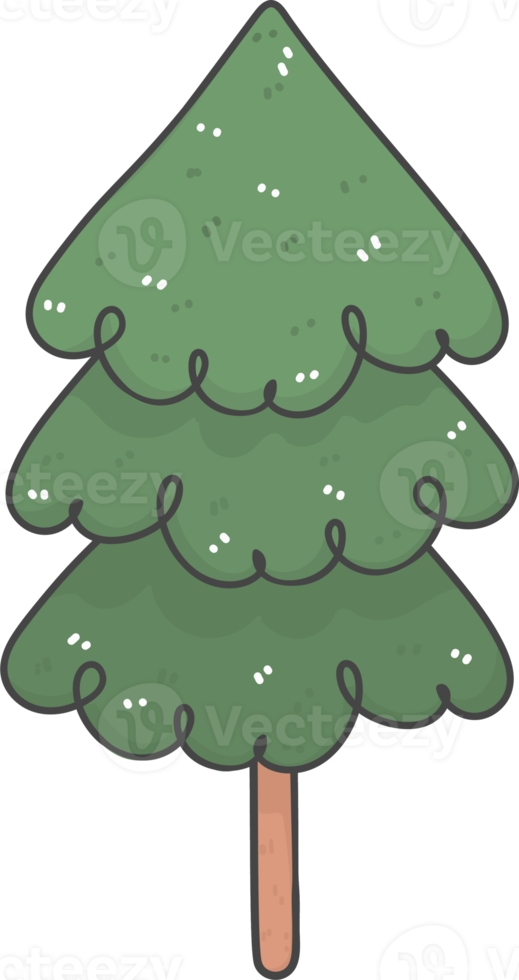 Cute cartoon decorated christmas pine tree doodle hand drawing outline png