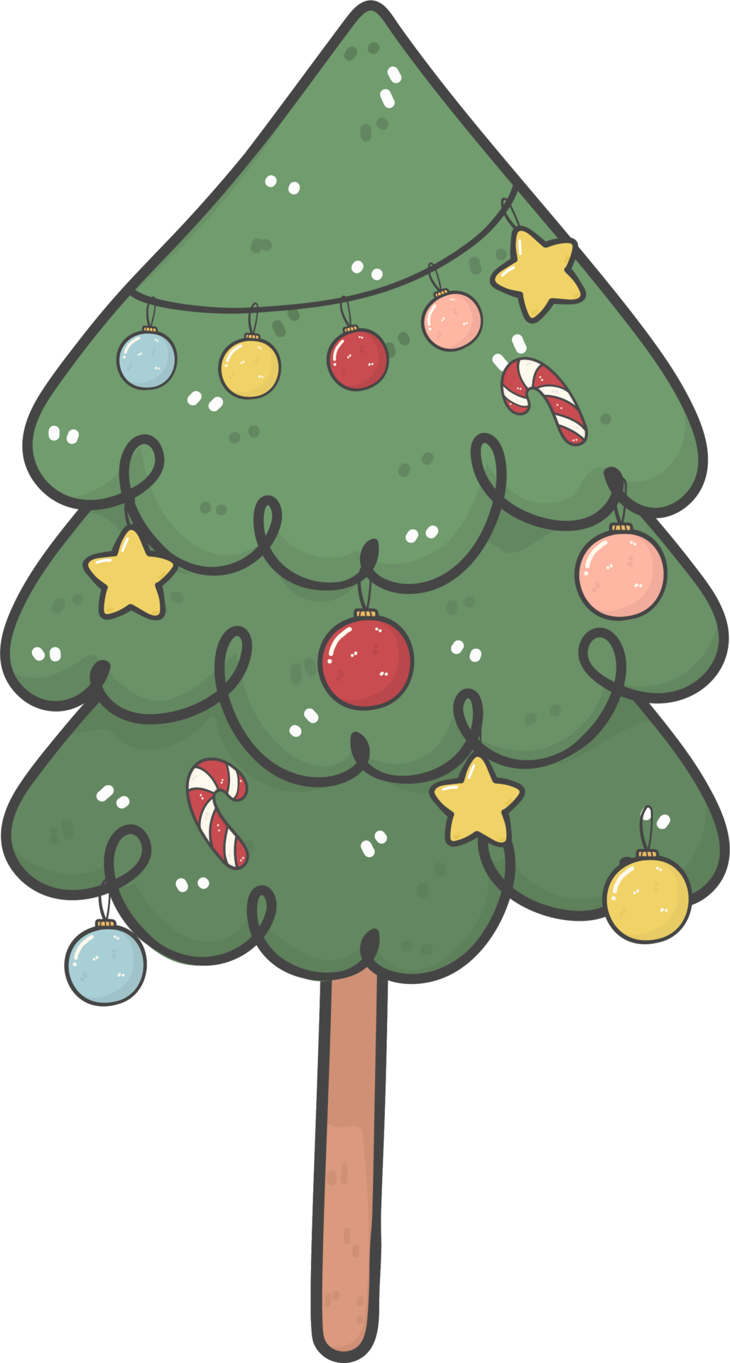 Free Cute cartoon decorated christmas pine tree doodle hand drawing outline  13929086 PNG with Transparent Background