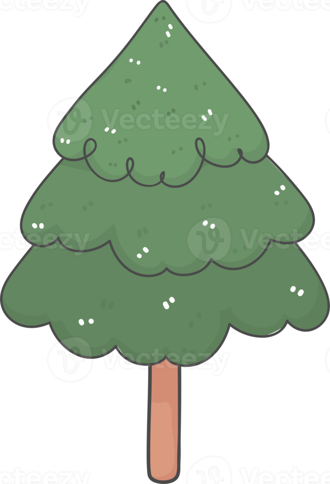 Cute cartoon decorated christmas pine tree doodle hand drawing outline png
