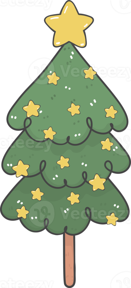 Cute cartoon decorated christmas pine tree doodle hand drawing outline png