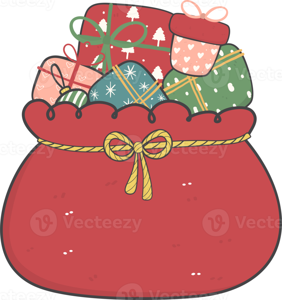 cute Santa gift bag sack cartoon doodle hand drawing png