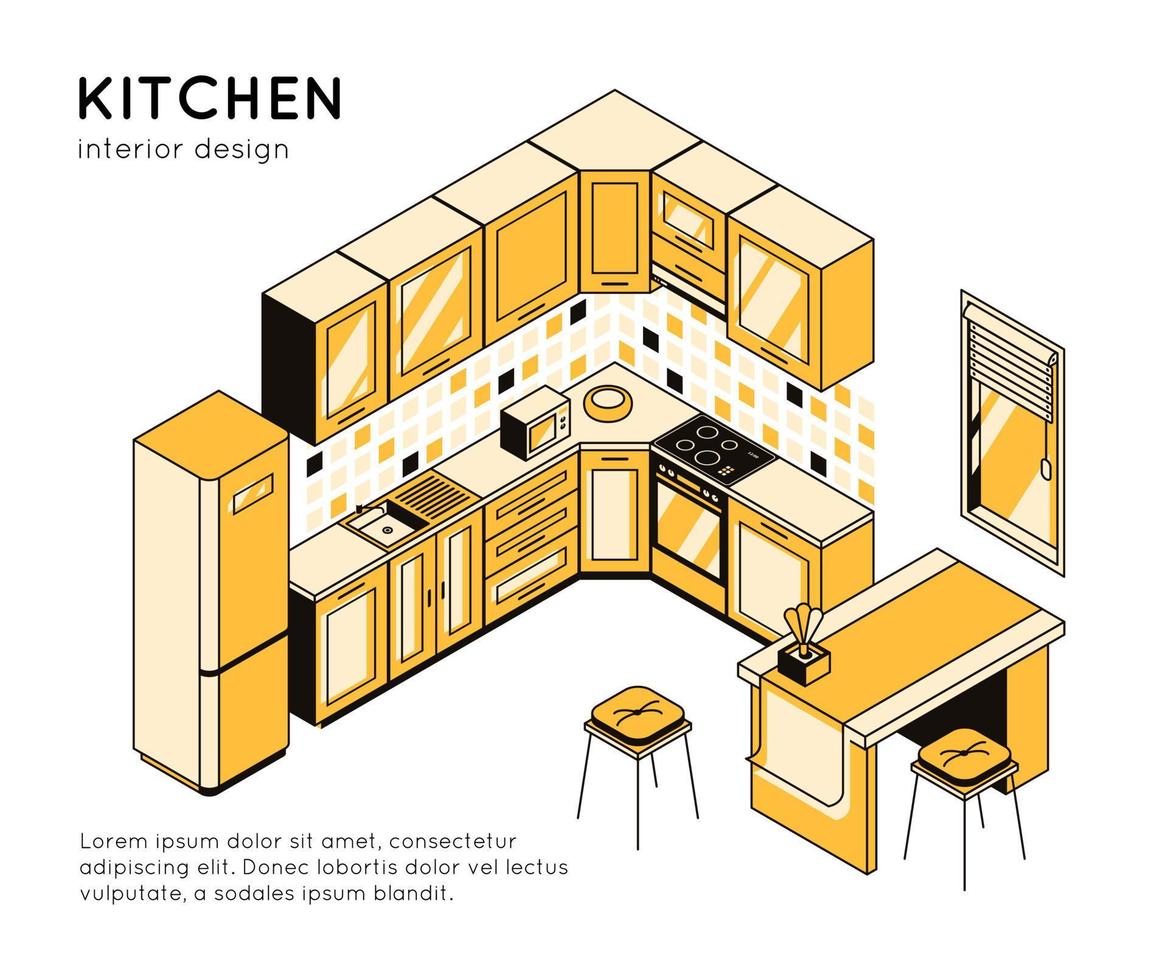 3d concept kitchen interior, food preparation equipment, household appliances on white background. Template for furniture store, design studio, architectural business. Vector isometric illustration
