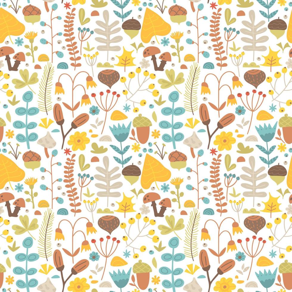 Seamless pattern of forest herbs, autumn leaves, twigs, acorns, berries and mushrooms. Vector flat hand drawn illustration with botanical elements, ornamental plants. Abstract season background, fall