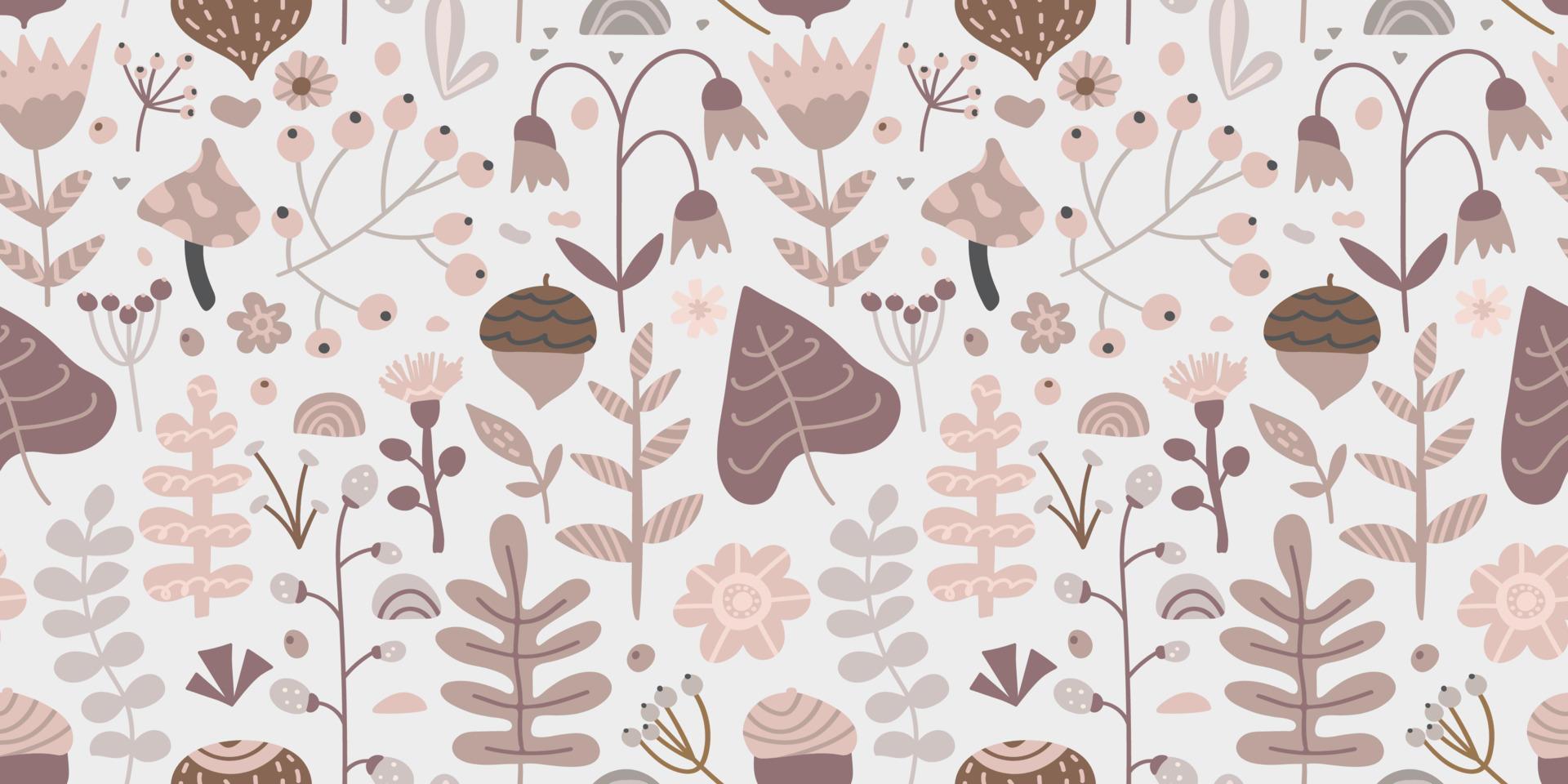 Vector seamless pattern of flowers, leaves, mushrooms, twig, acorns and herb. Flat botanical illustration of hand drawn plants. Floral texture for postcard templates, fabric, covers. Spring background