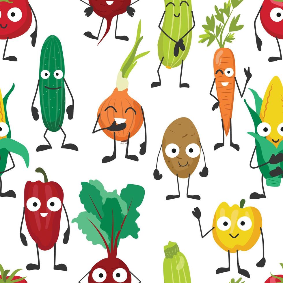 Funny vegetables with eyes beets, carrots, peppers, carrots, cucumber. vector pattern