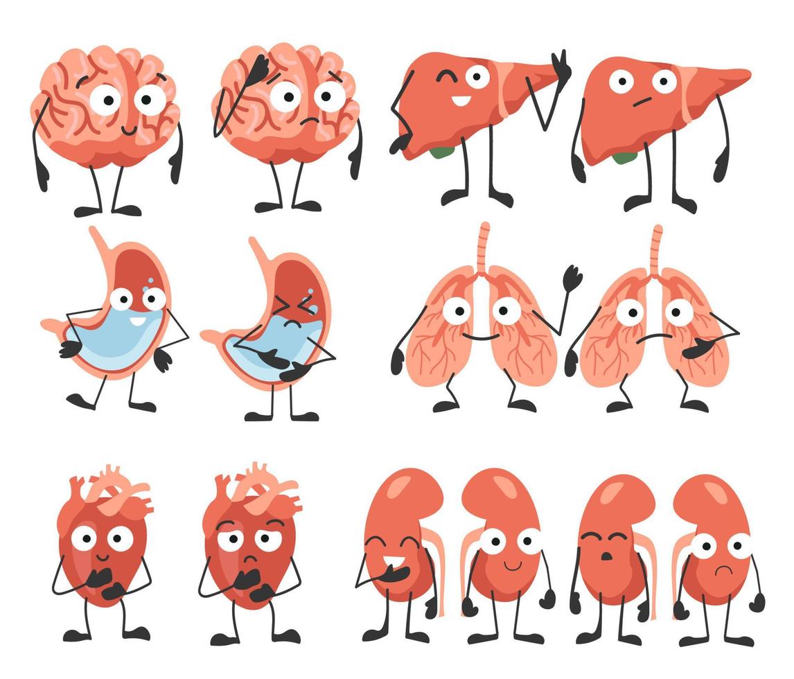 Human organs lungs, kidneys, heart, stomach, brain, liver. Organs with emotions, cartoon style. Vector illustration