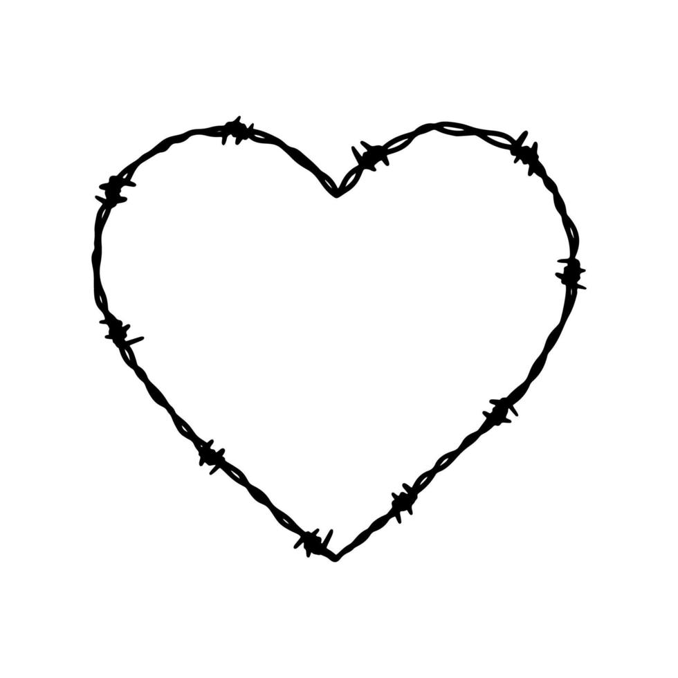 Barbed wire heart shape frame. Hand drawn vector illustration in sketch style. Design element for military, security, prison, slavery concepts