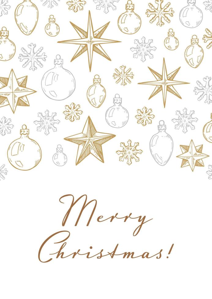 Merry Christmas and Happy New Year vertical greeting card with hand drawn golden stars and toys on white background. Vector illustration in sketch style