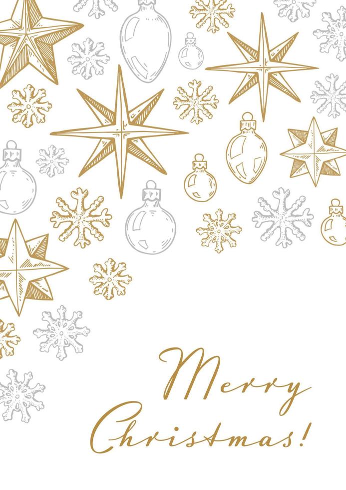 feliz navidad y feliz año nuevo tarjeta de felicitación vertical con estrellas doradas dibujadas a mano y juguetes sobre fondo blanco. ilustración vectorial en estilo boceto vector