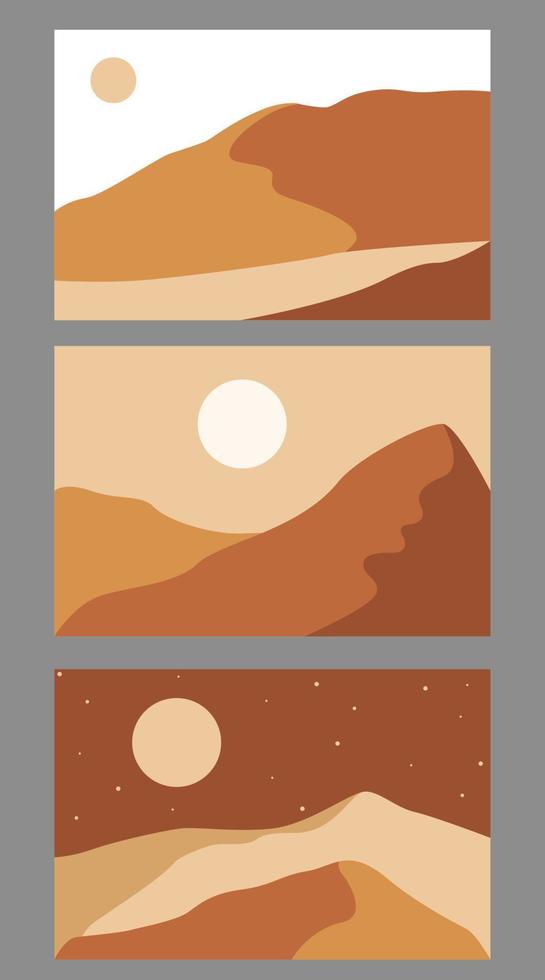 Modern abstract minimalist landscape posters. Desert, sun and moon. Day and night scene. Pastel colors, earth tones. Boho mid-century prints. Flat design. Stock vector illustration