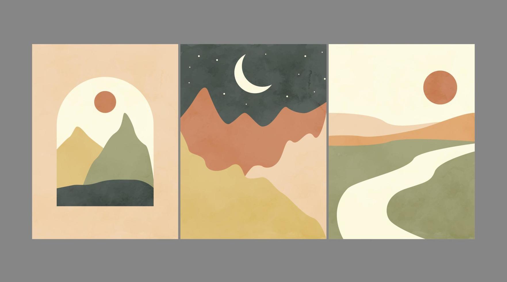 Modern abstract minimalist landscape posters. Desert, mountains, sun and moon. Day and night scene. Pastel colors, earth tones. Boho mid-century  art print. Flat design. Stock vector illustration