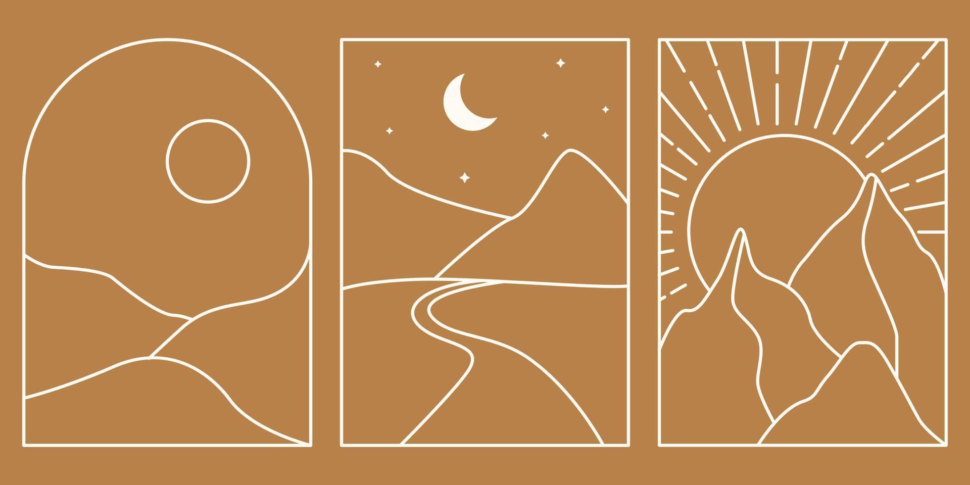 Linear landscapes in boho style. Bohemian logos desert, mountains, hills in a trendy minimalistic style. Sun and moon, sunset. Travel Emblems. Branding design templates. Stock vector illustration.