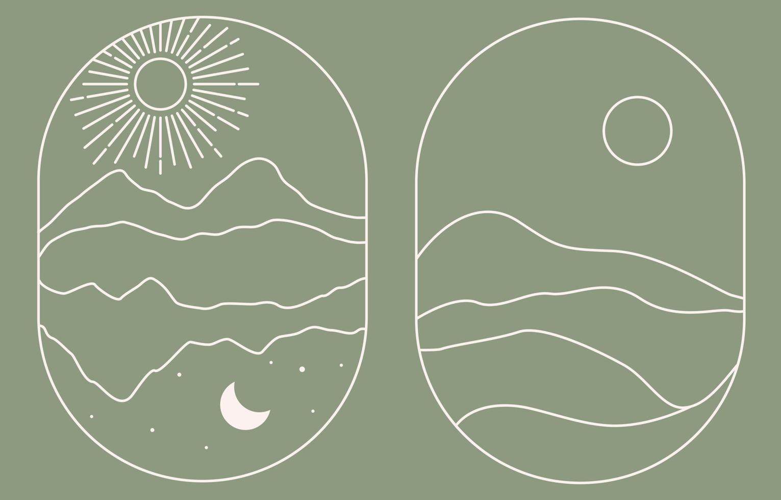 Set of linear landscapes in boho style. Bohemian logos desert, mountains, hills in a trendy minimalistic style. Sun and moon, sunset. Travel Emblems. Stock vector illustration.