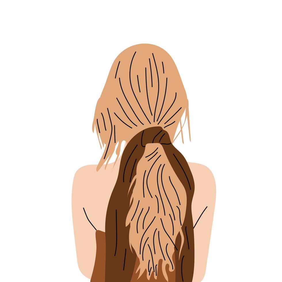 Female stylish hairstyle and accessory. Young woman haircut back view head, creative modern accessory. Vector trendy portrait