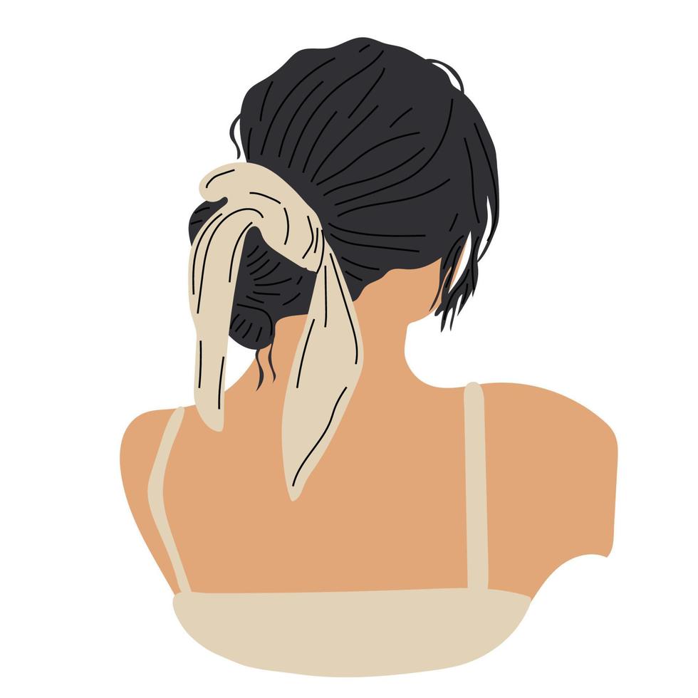 Female stylish hairstyle and accessory. Young woman haircut back view head, creative modern accessory. Vector trendy portrait