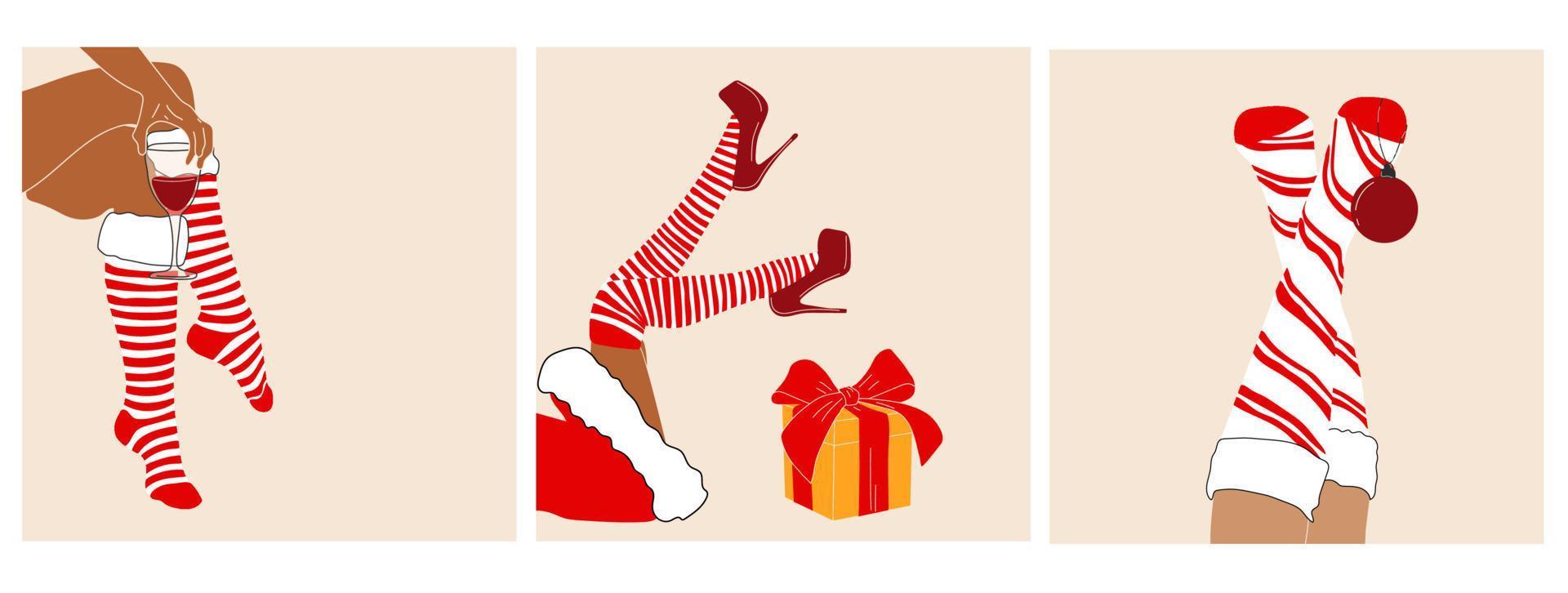 Set of three Santa woman legs with christmas ball, gift and wine. Vector in cartoon style. All elements are isolate
