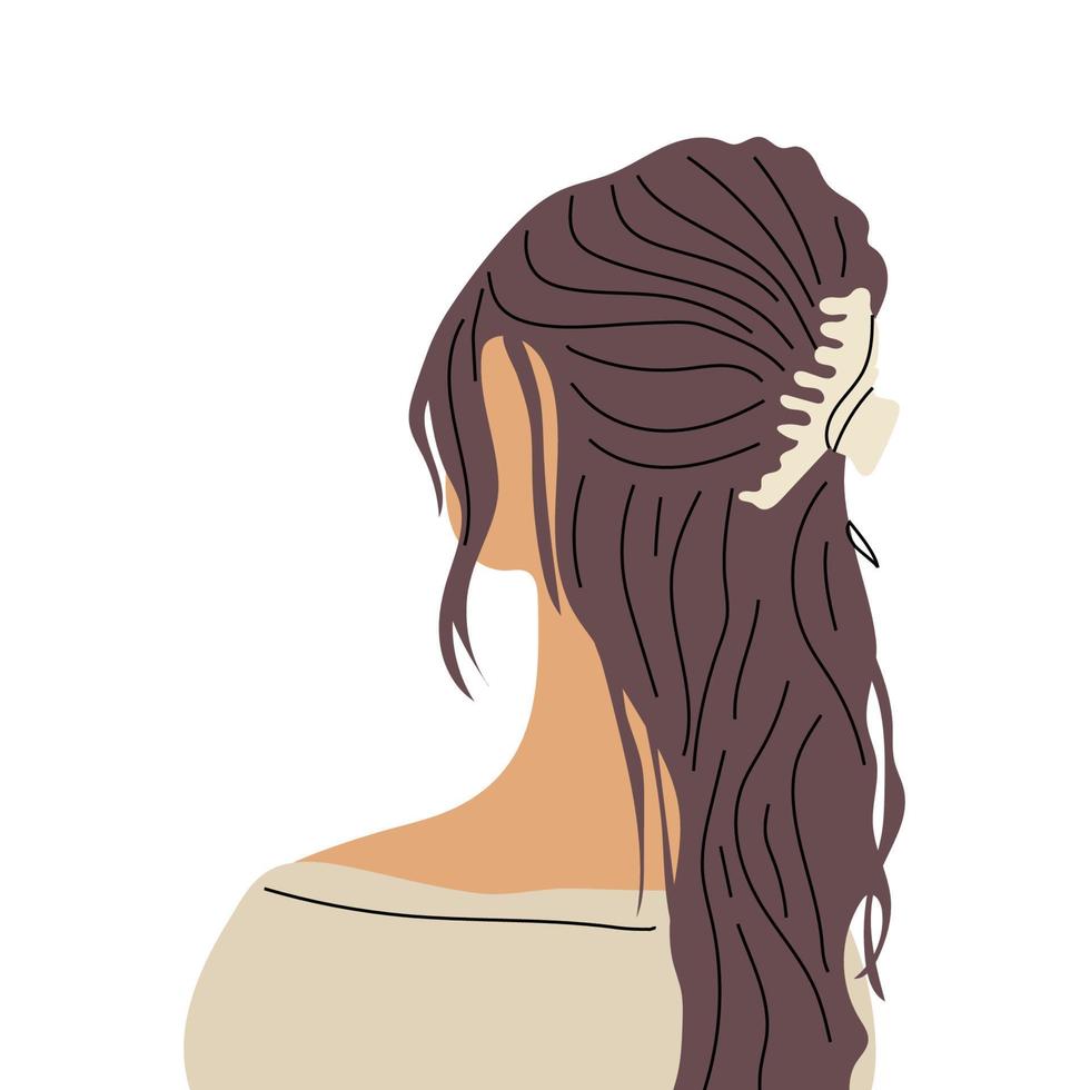 Female stylish hairstyle and accessory. Young woman haircut back view head, creative modern accessory. Vector trendy portrait