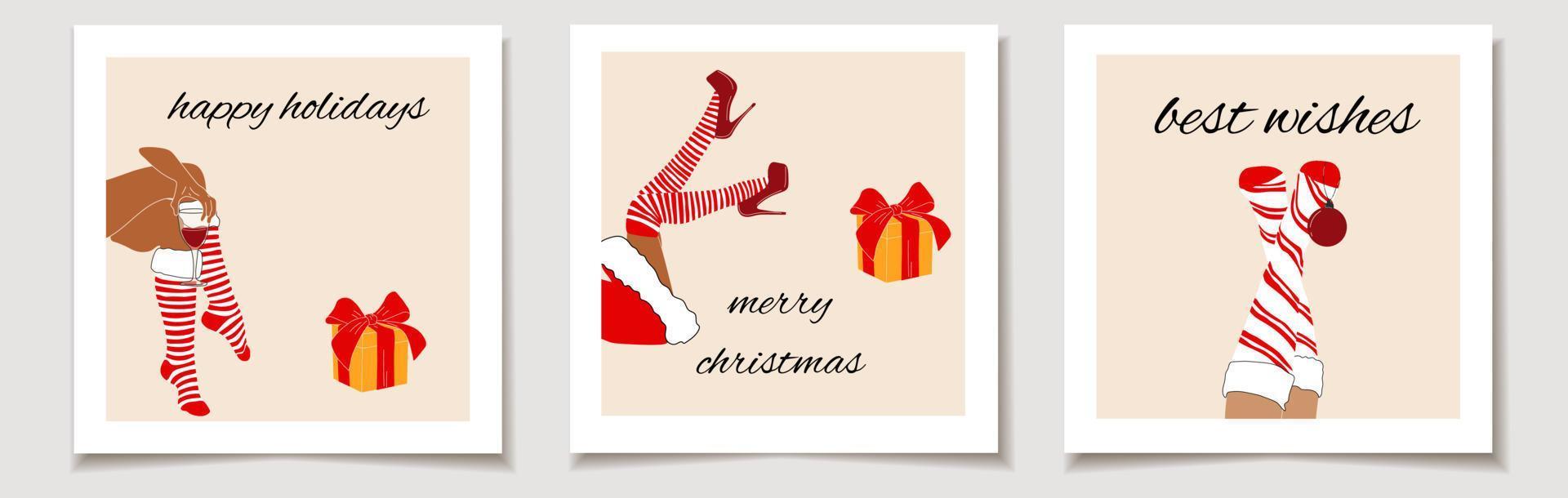 Christmas vector gift card or tag Christmas Set of three Santa woman legs with christmas ball, gift and wine. merry christmas lettering, best wishes.