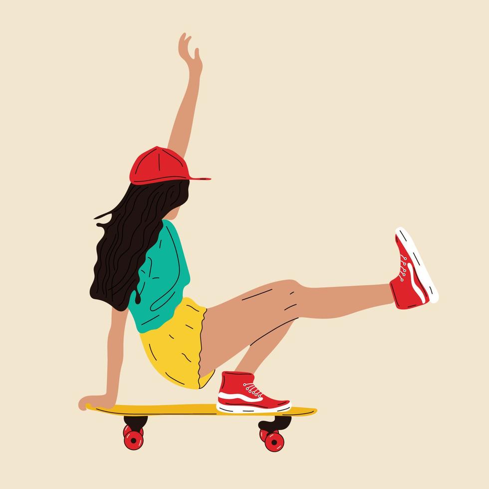 Girl on board. Girl ride on skateboard or longboard Trendy female teenager vector