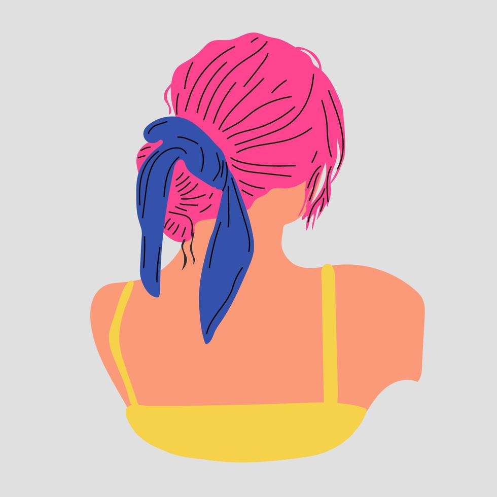 accesorio y peinado con estilo femenino. cabeza de vista trasera de corte de pelo de mujer joven, accesorio moderno creativo. retrato de moda vectorial vector