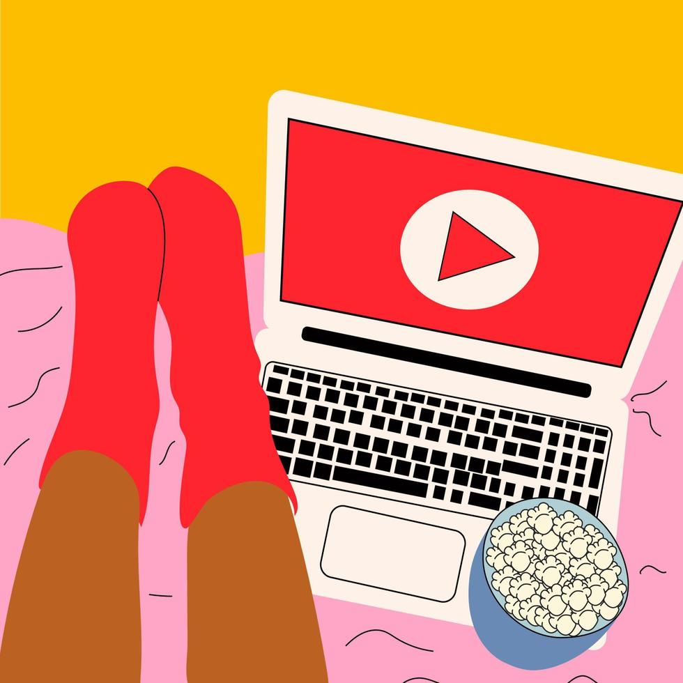 Woman lies on the bed and watches series on laptop with popcorn in her cute room. vector