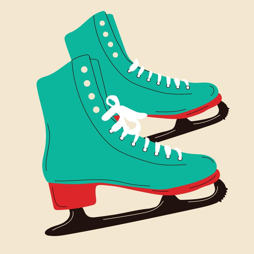 Colorful ice skates for figure skating in winter. Outdoor skating rink. Modern vintage. Vector