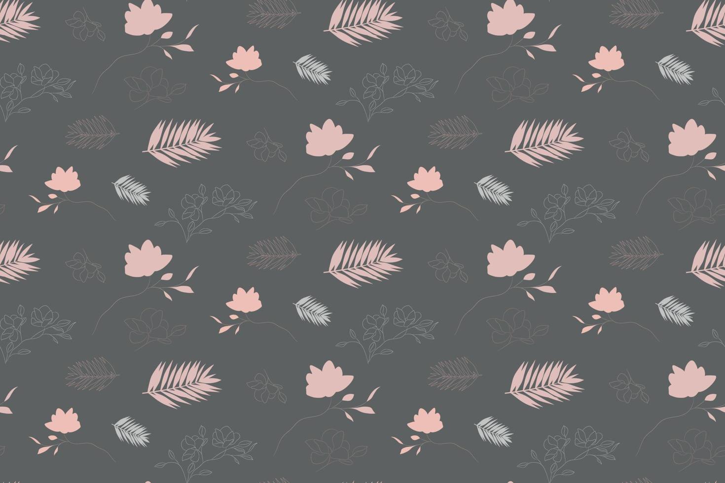Pink and light gray flowers and leaves on a dark gray background, seamless pattern, flat vector, horizontal banner vector