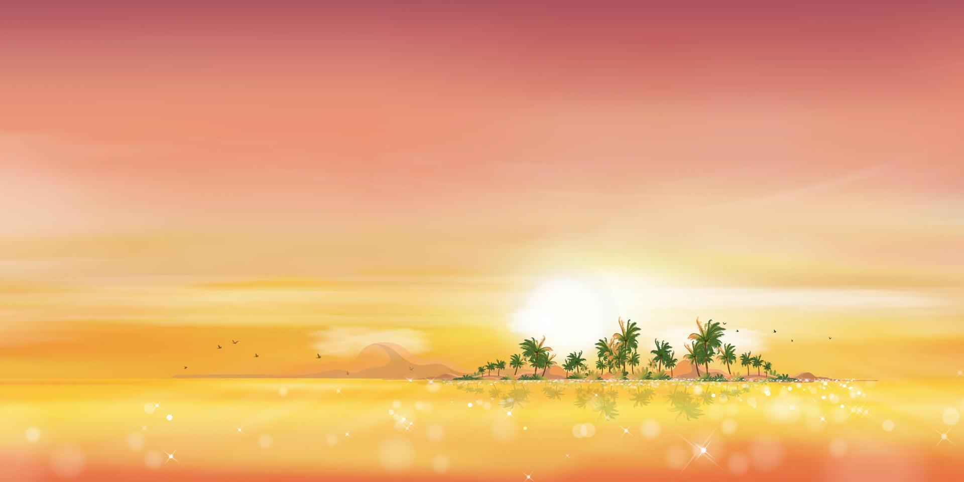 puesta de sol junto al mar con cielo rosa y naranja, ilustración vectorial hermosa naturaleza con palmera de coco en la isla por la mañana, playa tropical con cielo amarillo y sol en verano vector