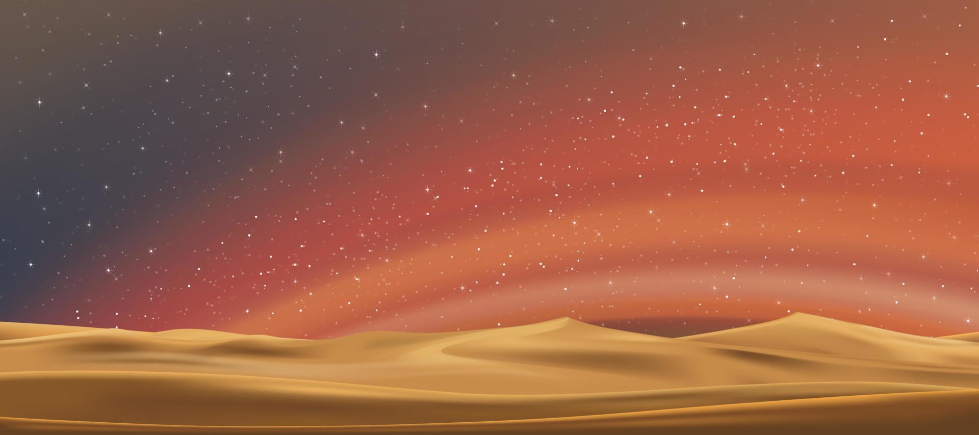 Milky Way and Orange light on desert sand dunes,Night colourful landscape with Starry sky,Beautiful Universe with Space background of galaxy.Vector banner Star field in night sky for travel background vector