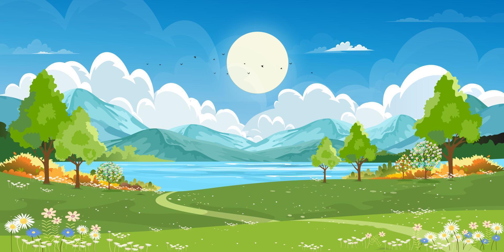 naturaleza primavera paisaje rural de campos verdes pradera en colinas con nubes y cielo azul, caricatura vectorial panorama día soleado verano, paisaje natural panorámico con montañas, campo de flores silvestres vector