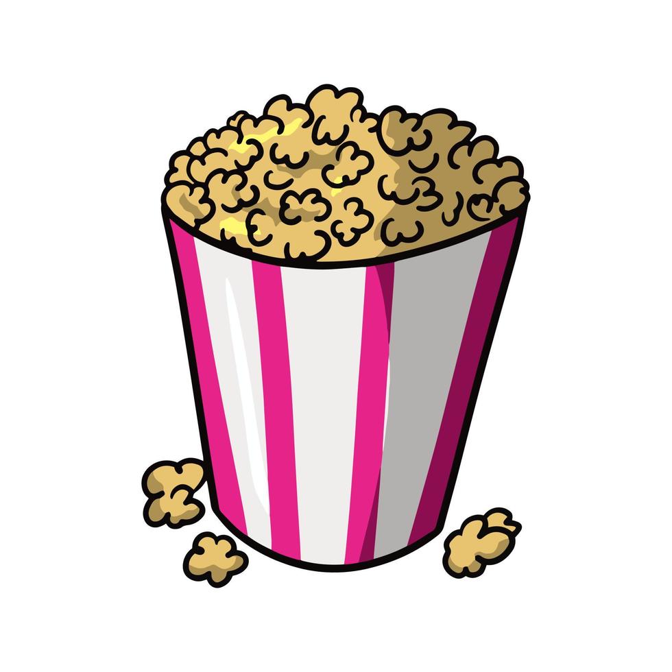 Large paper cup with popcorn, vector illustration in cartoon style on a white background