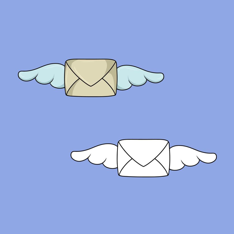 Set of images, vintage romantic open envelope with wings, vector illustration in cartoon style on a colored background