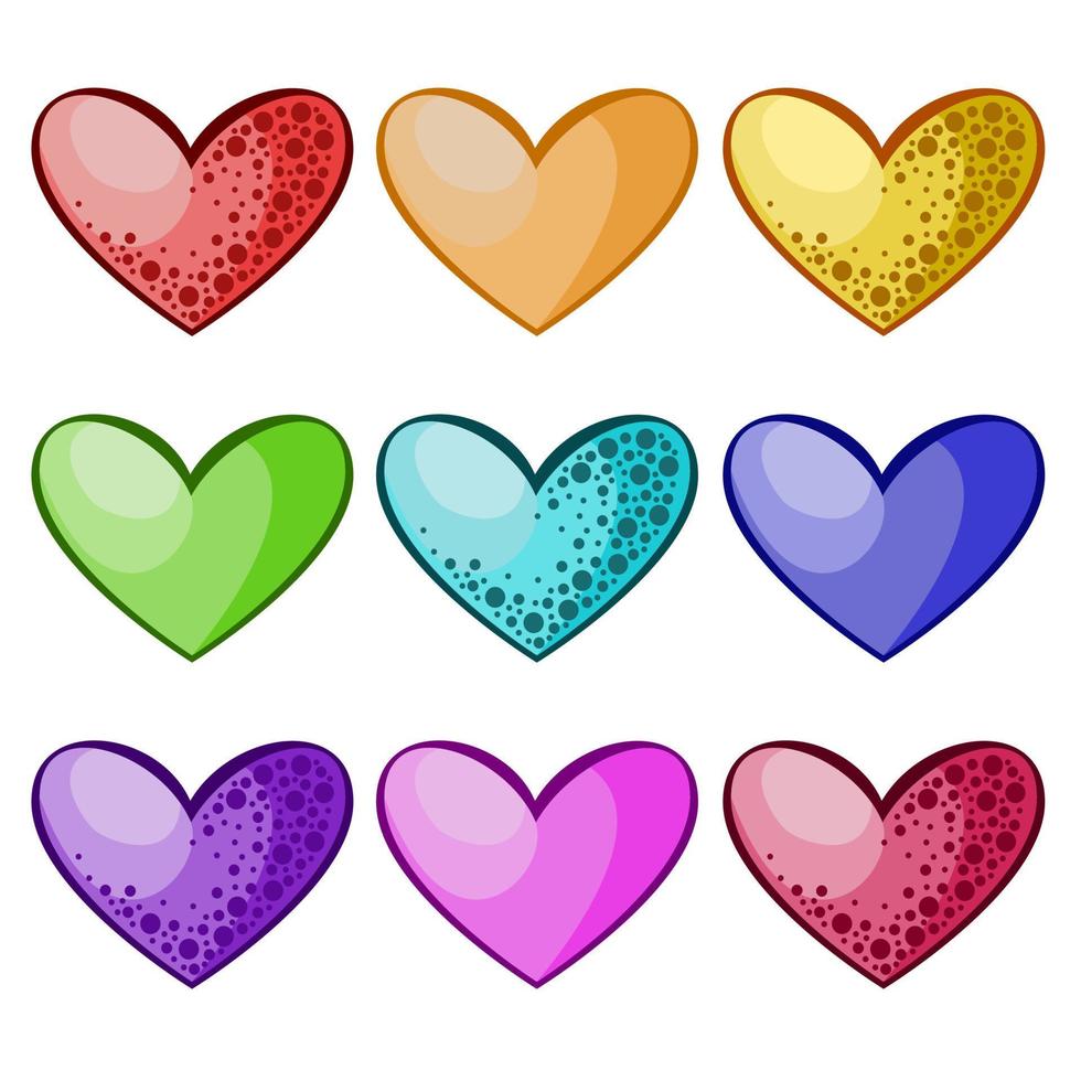 Set of colored icons, colorful decorative hearts for romantic greetings, vector in cartoon style on a white background