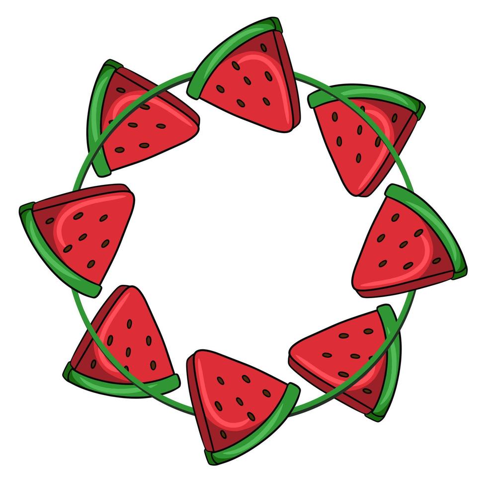 Round symmetrical frame, triangular pieces of juicy watermelon, copy space, vector illustration in cartoon style on a white background