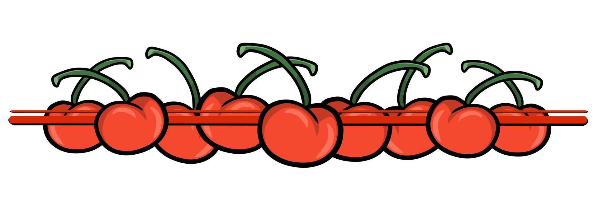 Horizontal border, red cherry berries with twigs, vector illustration in cartoon style on a white background