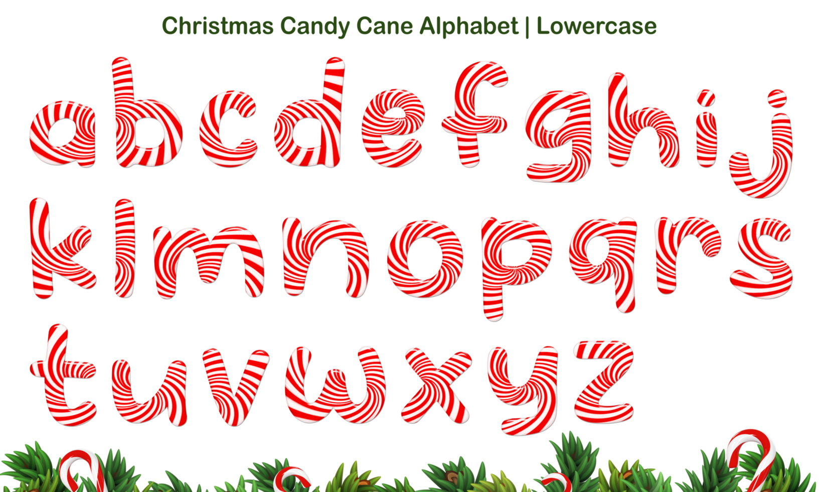 Christmas Candy Cane Alphabet set, includes letters both uppercase and lowercase, numbers, and symbols. png