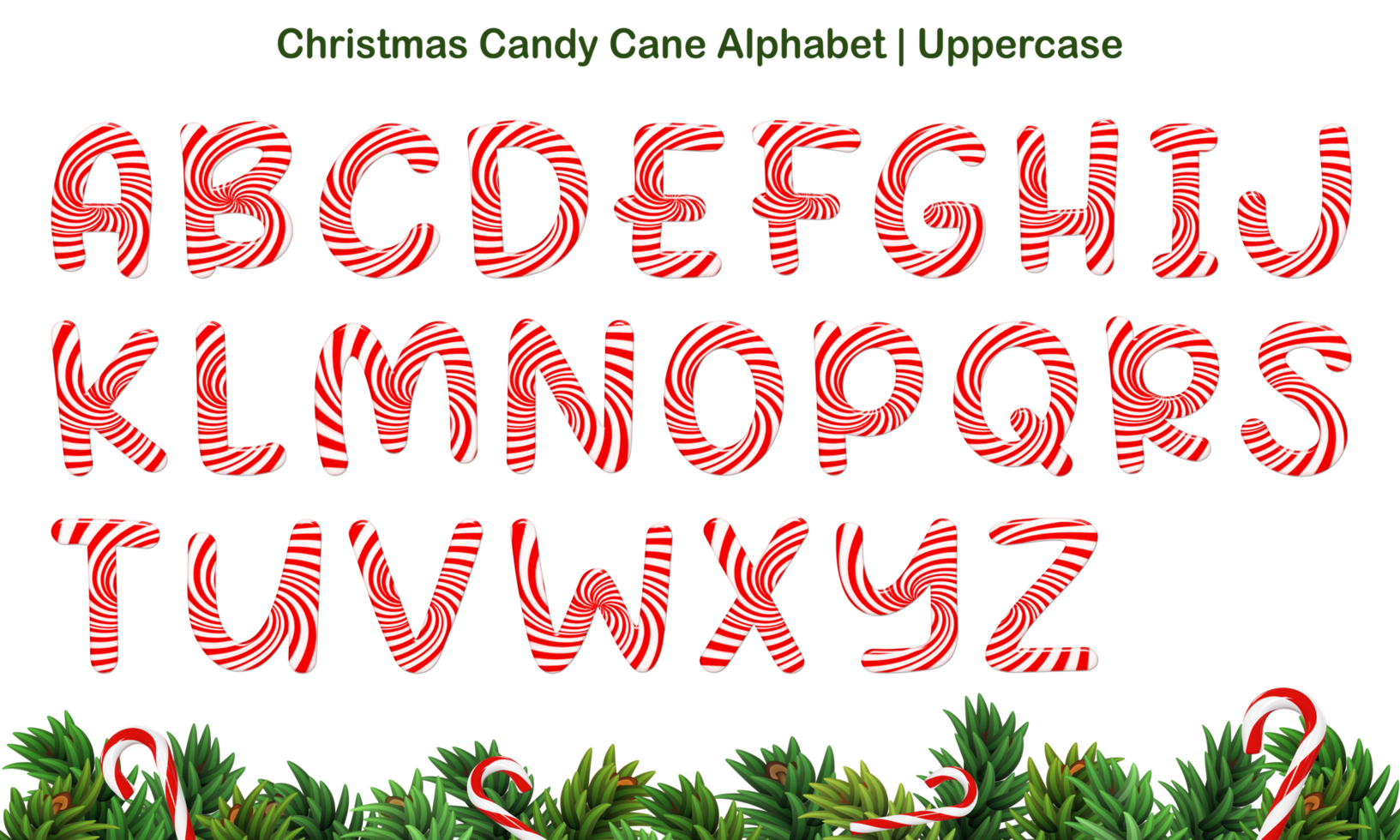 Christmas Candy Cane Alphabet set, includes letters both uppercase and lowercase, numbers, and symbols. png
