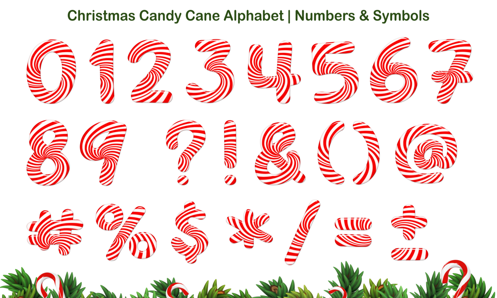 Christmas Candy Cane Alphabet set, includes letters both uppercase and lowercase, numbers, and symbols. png