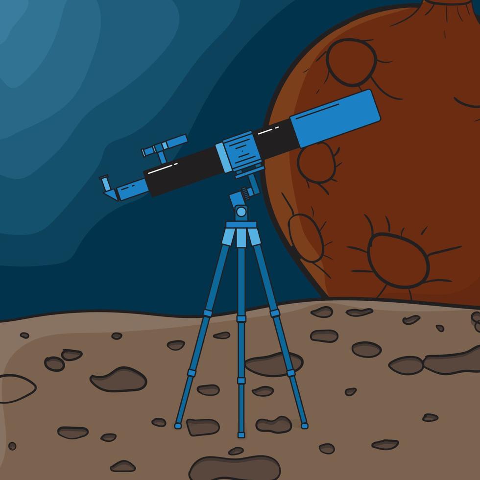 Telescope in blue and black cartoon style on planet design vector