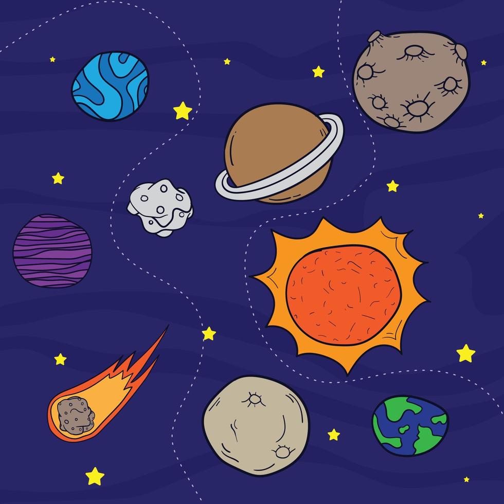 planeta, sol y asteroide en diseño de dibujos animados en diseño de espacio azul vector