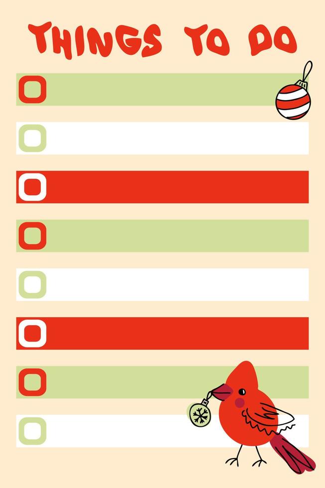 New year checklist template with cardinal bird and xmas ornament. vector