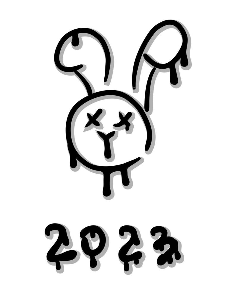 doodle goteando cara de conejito y números 2023 impresos. vector