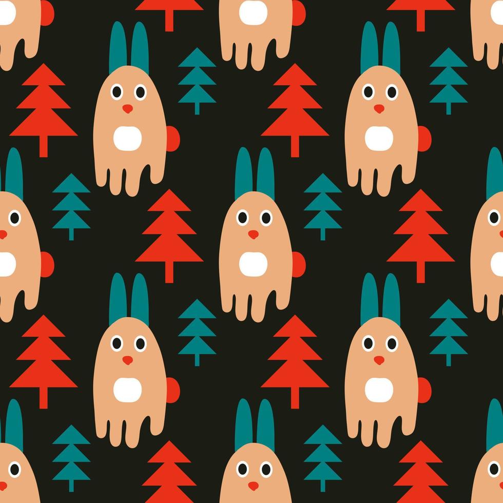 New year seamless pattern with rabbits and Christmas trees. vector