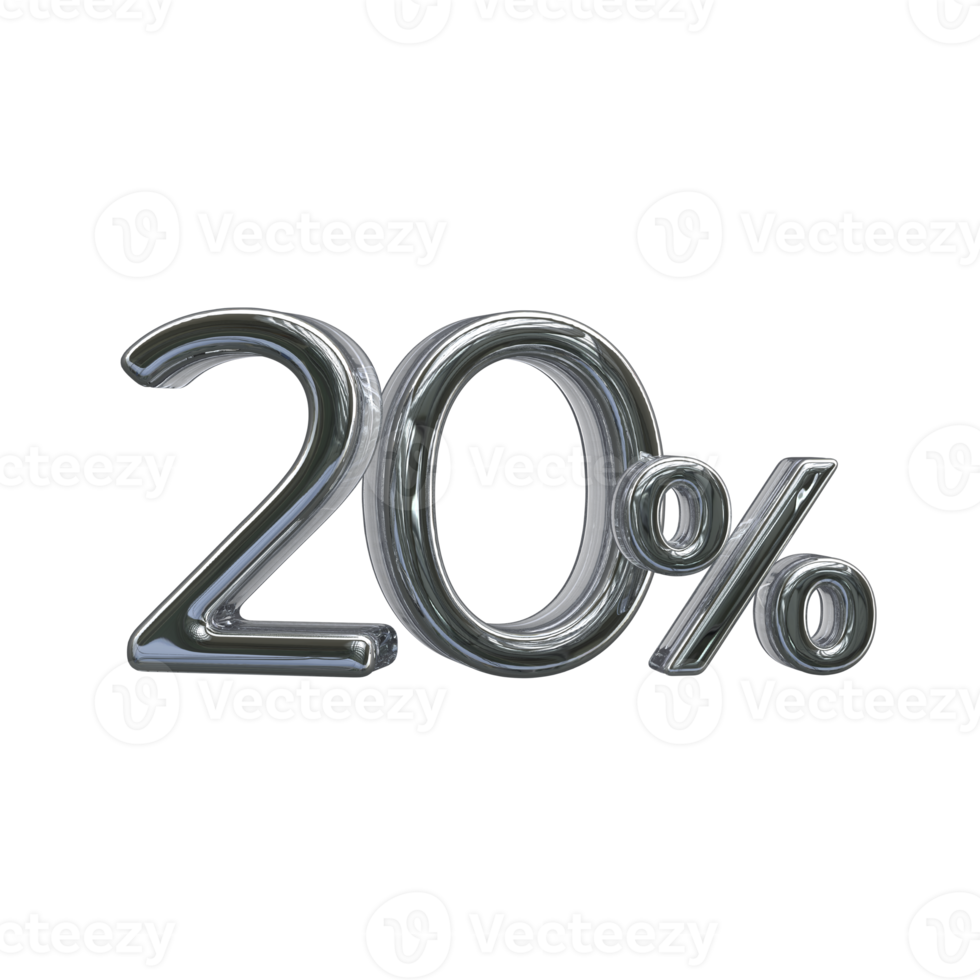 20 percent 3D number with silver color png