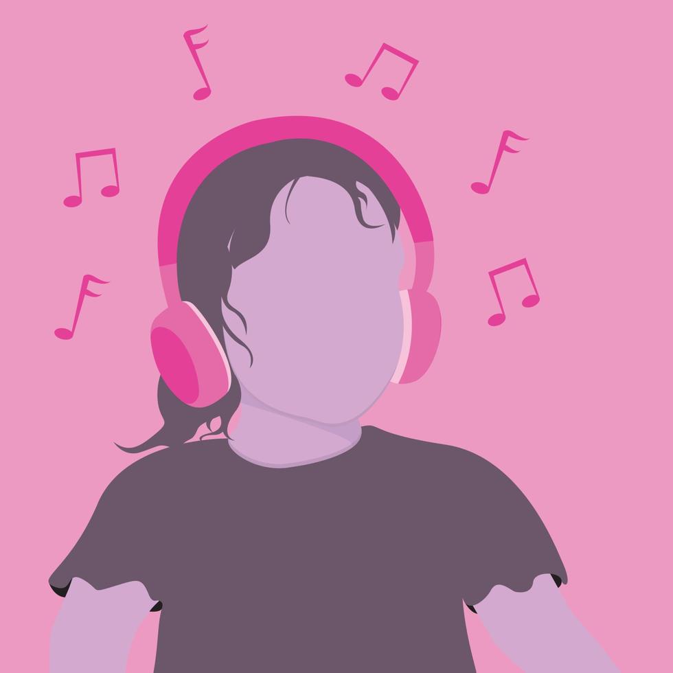 ilustración de una chica escuchando música con un auricular rosa vector