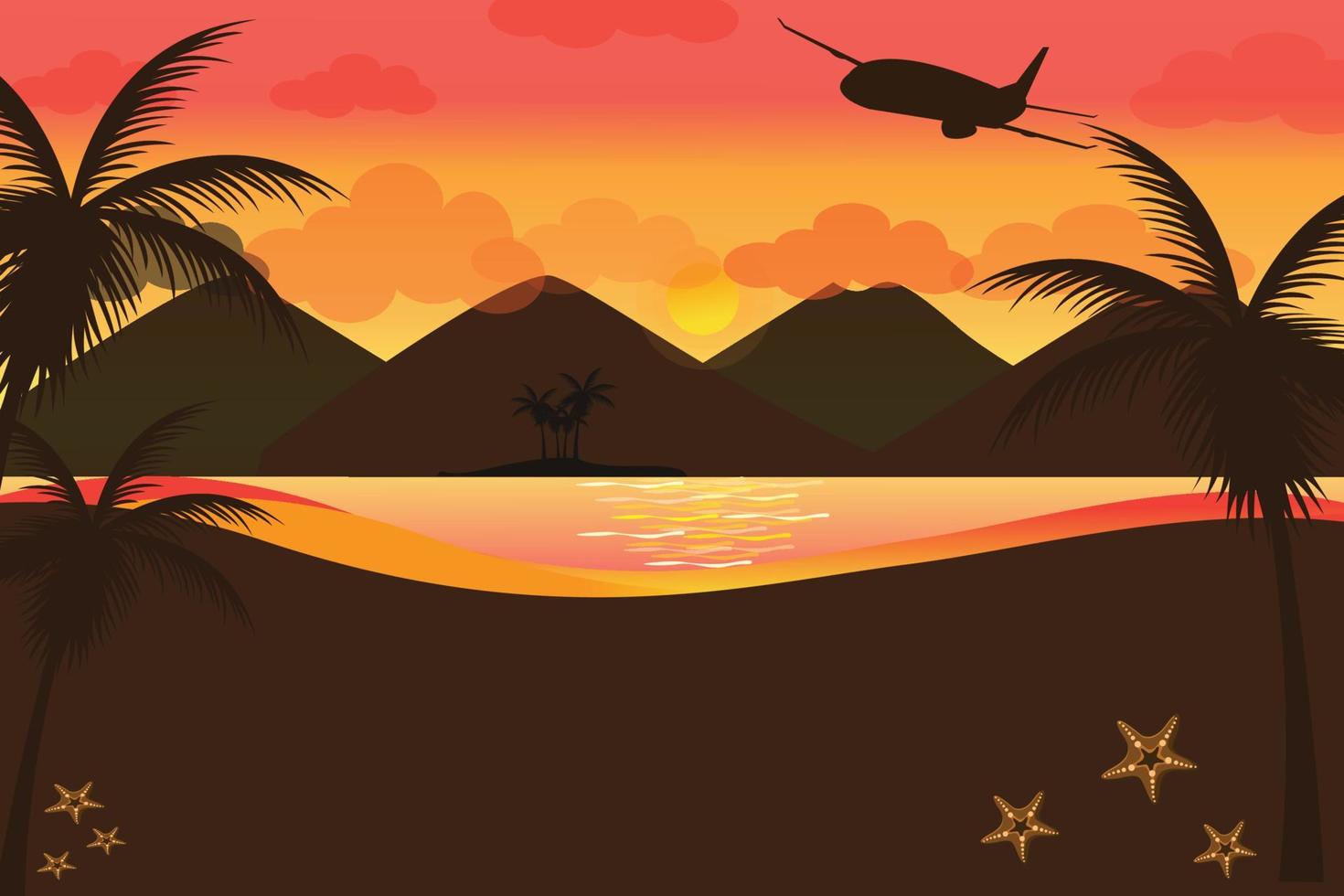 the view of the beach at sunset with the silhouette of the coconut tree vector