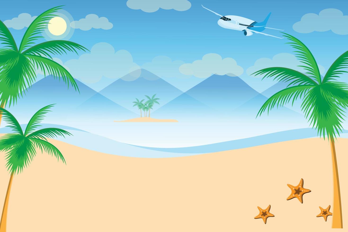 beach view with mountains and blue sky as airplane fly by vector